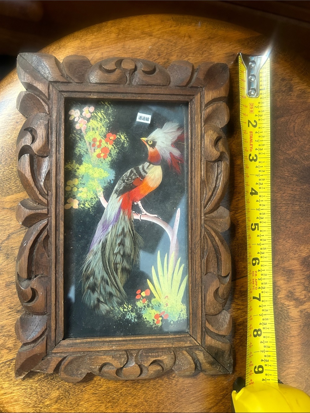 Vintage Hand Crafted Asian Feather Bird Wall Art - Small Mixed Media Painting - Picture 5 of 5